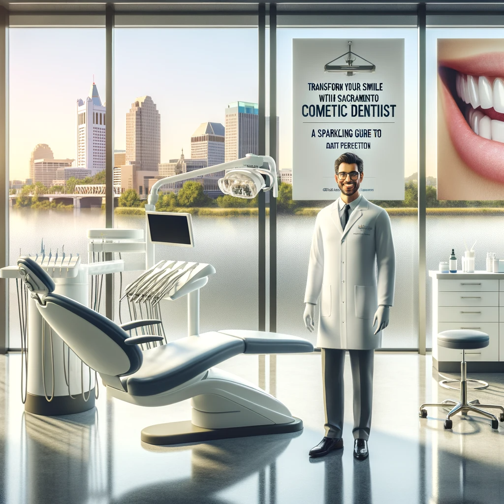 Modern dental office in Sacramento with a smiling dentist and advanced dental equipment, overlooking the city skyline.