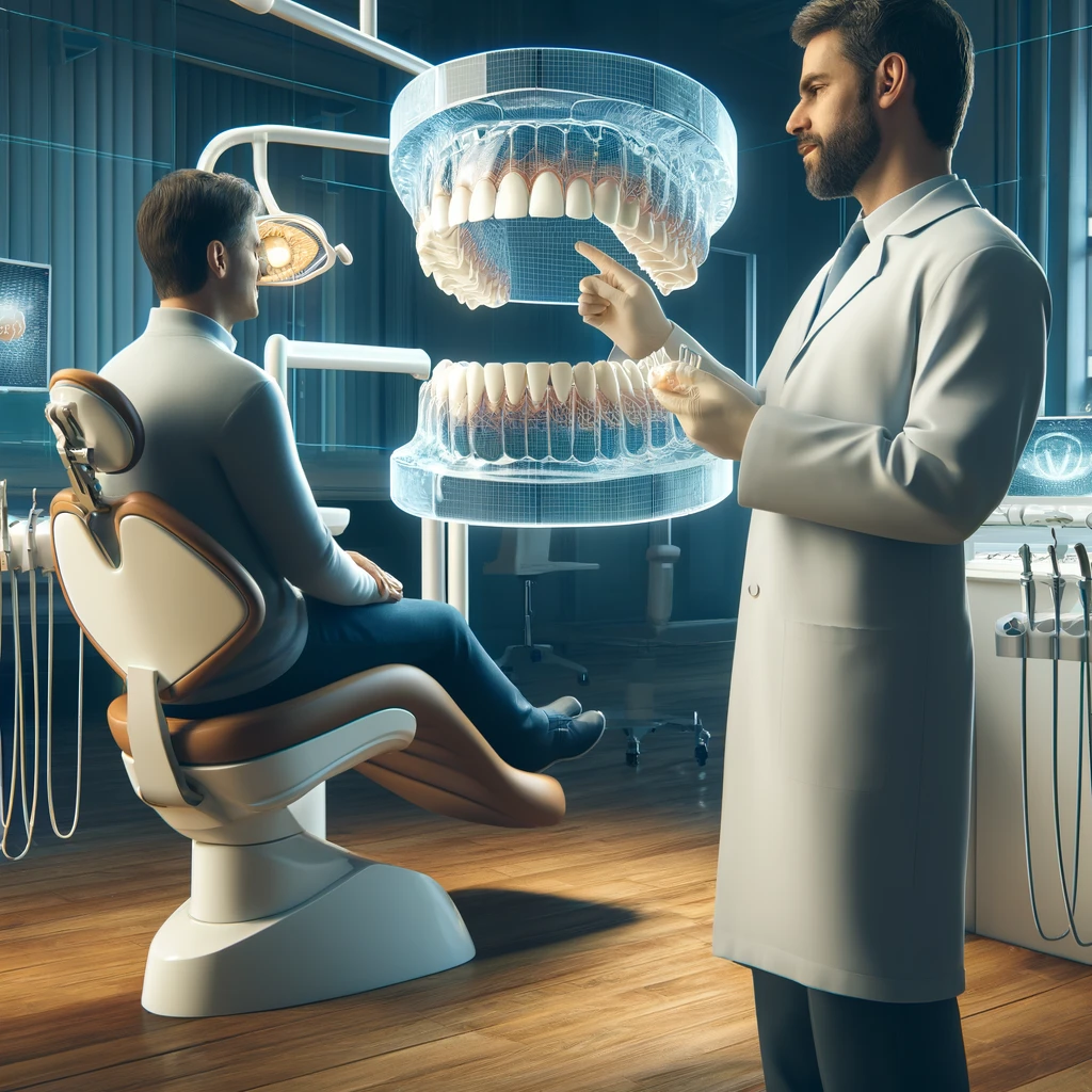 Dentist and patient discussing treatments in a modern dental office.


